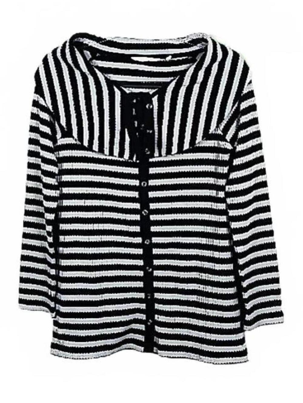 Soft Surroundings Womens Size S Black Gray Stripes Waffle Knit Button Up Top